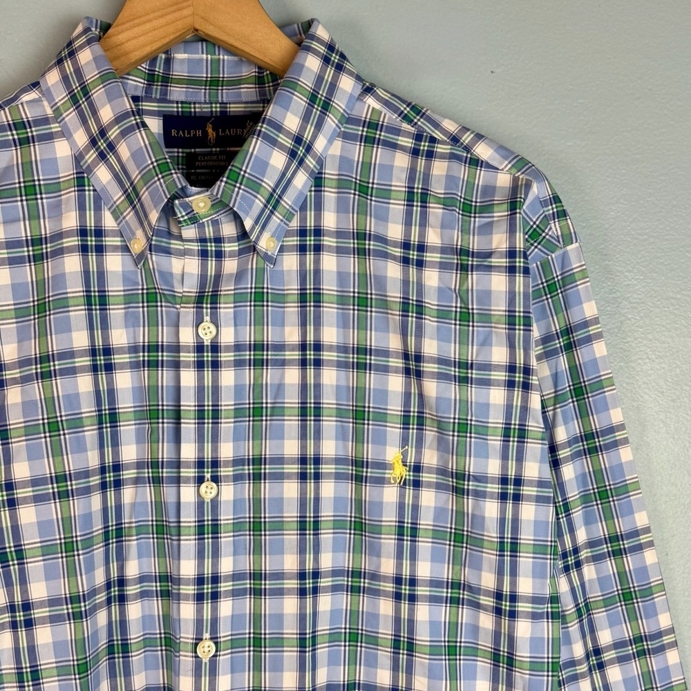 Ralph Lauren Classic Fit Performance Mens XXL Blue Plaid Untucked Button Shirt